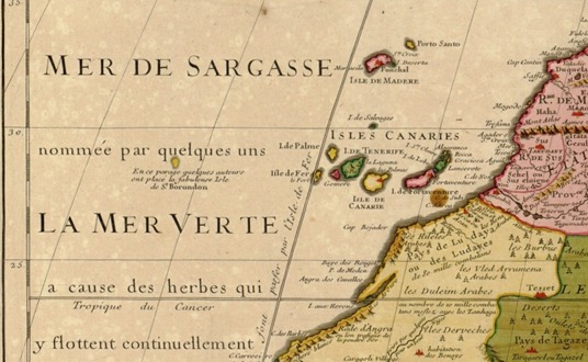 Justo arriba de "La mer Verte" se aprecia en el mapa la isla de San Borondon